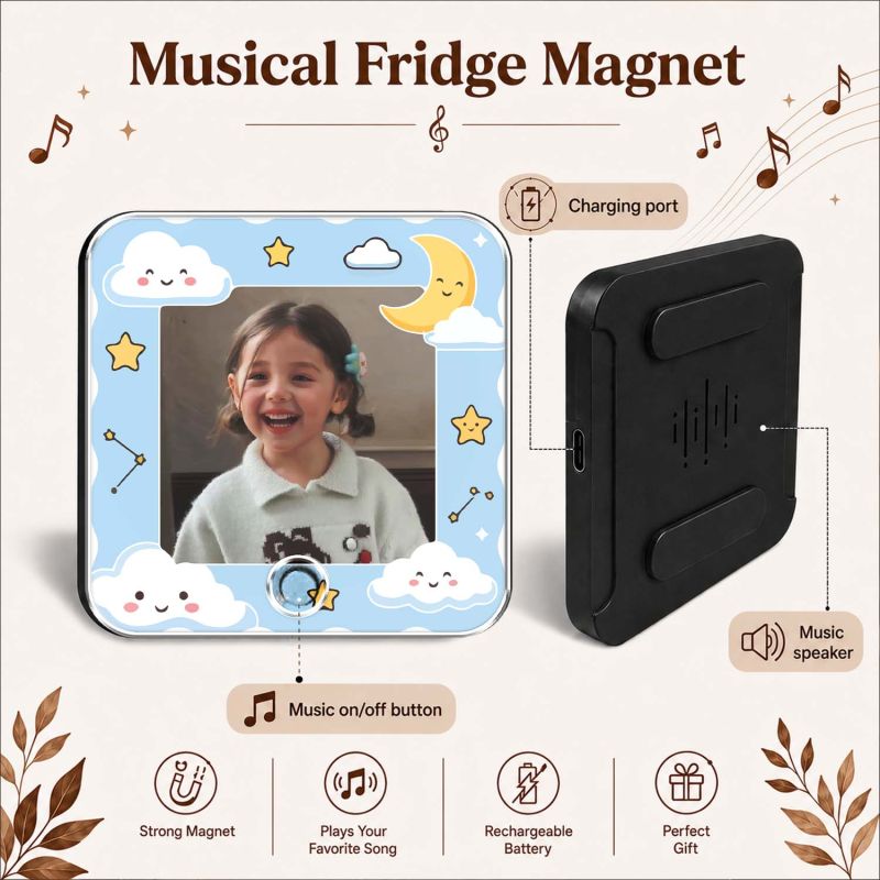 Personalized Birthday Gift for Daughter & Son Customized Musical Fridge Magnet with Photo Music Player Music Box Fridge Magnet Return Gift for Kids
